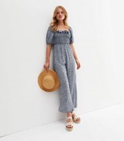 New Look Blue Ditsy Floral Shirred Square Neck Jumpsuit